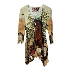 Amma Designs Horse Print Graphic Tunic Top Medium Butterfly Floral Asymmetrical